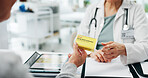 Person, doctor and patient with medication for allergy relief, sinus or medical prescription. Customer, hands and healthcare worker with pharmaceutical for diagnosis, cure or hayfever in hospital