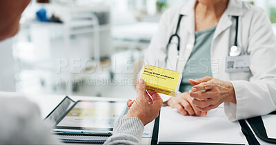 Buy stock photo Person, doctor and patient with medication for allergy relief, sinus or medical prescription. Customer, hands and healthcare worker with pharmaceutical for diagnosis, cure or hayfever in hospital
