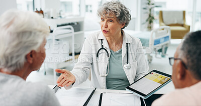Buy stock photo Tablet, consultation and doctor with senior couple in hospital for medical diagnosis with research. Checkup, digital tech screen and healthcare worker with elderly people for discussion in clinic.