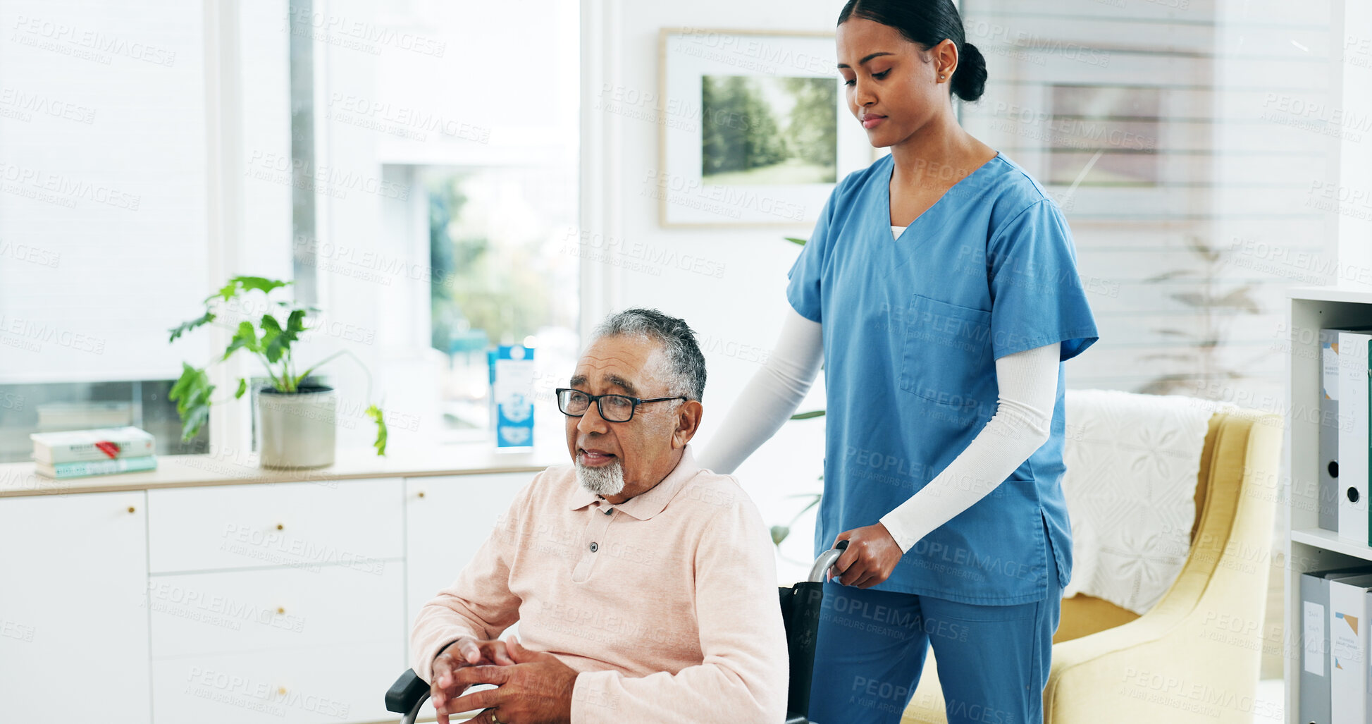 Buy stock photo Senior, man or nurse with wheelchair for assisted living, support or help in hospital. Caregiver, patient or elderly person with a disability, assistance or aid for mobility, recovery or movement