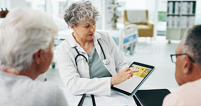 Buy stock photo Tablet, checkup and doctor with senior couple in hospital for medical diagnosis with research. Consultation, digital tech screen and healthcare worker with elderly people for discussion in clinic.