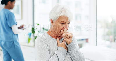 Buy stock photo Medical, cough or old woman in clinic with chest pain, sickness or breathing issue in checkup. Healthcare, influenza or elderly patient with tuberculosis, asthma or illness in  hospital consultation.
