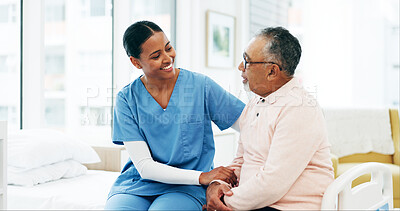 Buy stock photo Happy, consultation and nurse with senior man in hospital for conversation, comfort or support at checkup. Smile, trust and medical caregiver with elderly male patient for healthcare discussion.