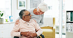 Laugh, medical consultation and senior couple in hospital office with good news on treatment plan. Happy, healthcare checkup and elderly man with woman for positive results together in clinic.