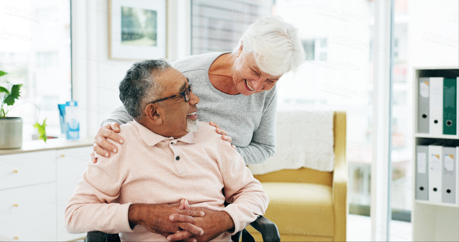 Buy stock photo Laugh, love and senior couple in hospital office with good news on treatment plan at checkup. Happy, healthcare consultation and elderly man with woman for positive results together in clinic.