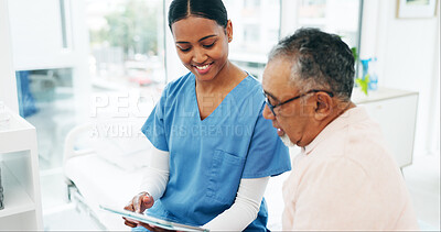 Buy stock photo Hospital, man and nurse with tablet for health insurance, assessment or exam on bed. Digital tech, questions and senior person with caregiver in consultation for medical advice, test and support