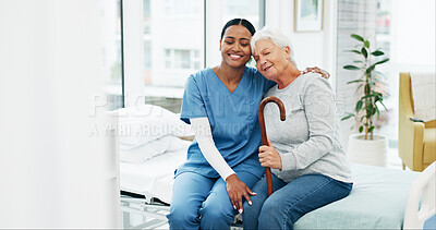 Buy stock photo Hug, nurse and old woman in hospital with walking stick, empathy and support in healthcare checkup. Retirement, gp and person with disability, sympathy and patient connection in medical consultation.