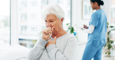 Buy stock photo Medical, cough or old woman in hospital with chest pain, sickness or breathing issue in checkup. Healthcare, influenza or senior patient with tuberculosis, asthma or illness in clinic consultation.