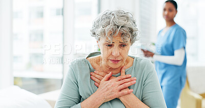 Buy stock photo Medical, checkup or old person in hospital with chest pain, sickness or virus with breathing issues. Healthcare, nurse or senior patient with tuberculosis, asthma or illness in clinic consultation.