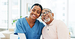 Happy, portrait and nurse with senior man in hospital for conversation, comfort or support at checkup. Smile, trust and medical caregiver with elderly male patient for healthcare consultation.