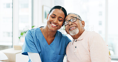 Buy stock photo Happy, empathy and nurse with senior man in hospital for conversation, comfort or support at checkup. Smile, trust and medical caregiver with elderly male patient for healthcare consultation.