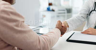 Buy stock photo Person, meeting and doctor with handshake in office for welcome, introduction and medical deal. Healthcare worker, shaking hands and senior patient for consultation, greeting and treatment agreement