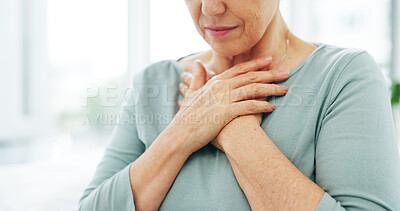 Buy stock photo Sick, discomfort or hands with chest pain, breathing issues or struggle in virus symptoms. Pneumonia, influenza or mature person with tuberculosis, asthma or illness with respiratory infection.