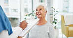 Hospital, woman and nurse with paperwork for health insurance, assessment or exam on bed. Clipboard, questions and senior person with caregiver in consultation for medical advice, test and support