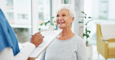 Buy stock photo Hospital, woman and nurse with paperwork for health insurance, assessment or exam on bed. Clipboard, questions and senior person with caregiver in consultation for medical advice, test and support