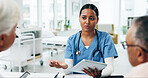 Discussion, doctor and old couple in clinic, consultation for diagnosis and feedback for symptoms. Medical service, mature man or woman in hospital, surgeon or healthcare info for recovery or talking