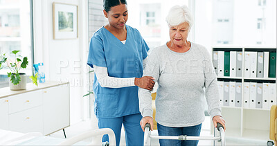 Buy stock photo Senior, woman or nurse with walker for mobility, muscle rehabilitation or assistance in hospital. Caregiver, help or elderly person with a disability or walking aid for support, recovery or stability
