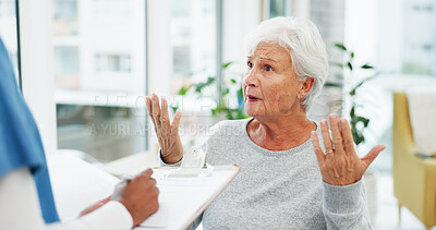 Buy stock photo Doctor, patient and old woman in clinic, clipboard for symptoms or conversation. Pensioner, medical service or elderly person in hospital, feedback for diagnosis or documents for healthcare info