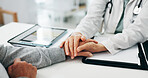 Hands, doctor and comfort of senior person for consultation, medical diagnosis and empathy. Healthcare worker, elderly patient and consoling with bad news, understanding and reassurance for treatment