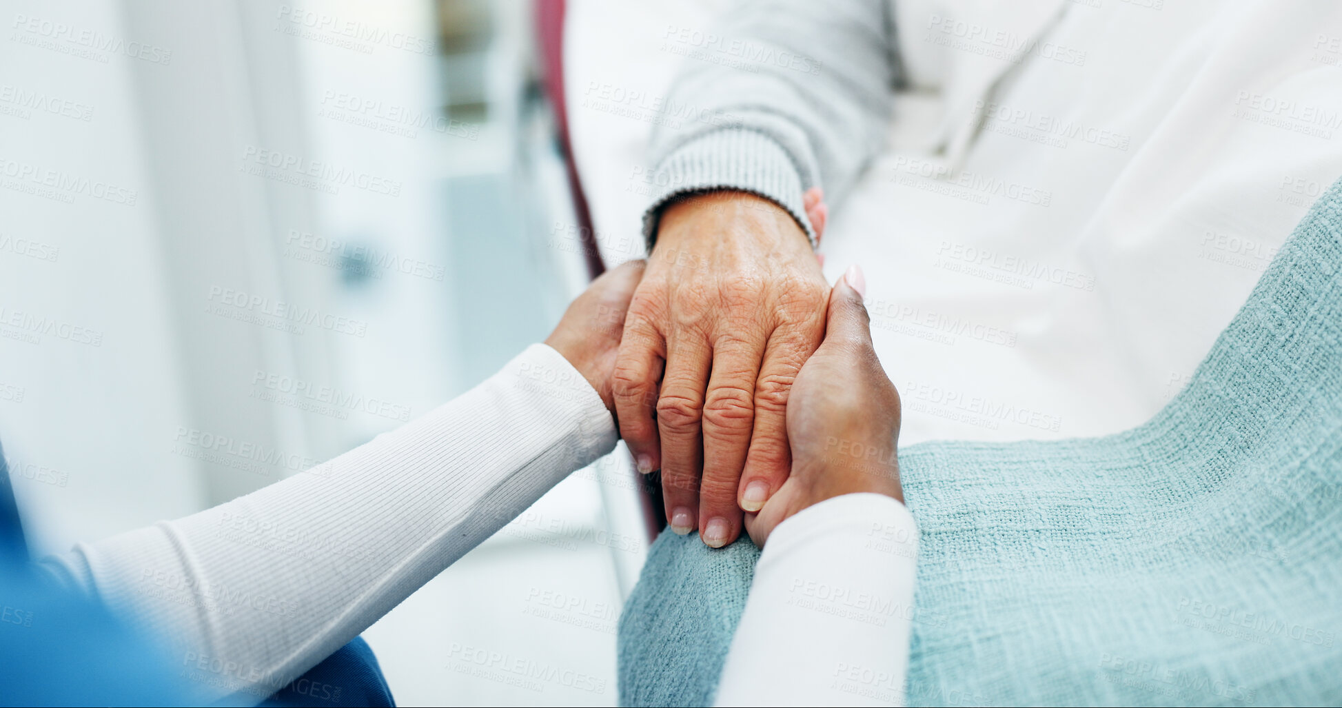 Buy stock photo Holding hands, support and nurse with senior patient in hospital for compassion with medical diagnosis. Comfort, empathy and healthcare worker with elderly person for sympathy at checkup in clinic.