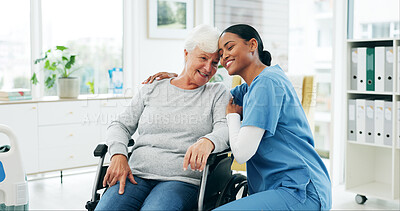 Buy stock photo Hug, nurse and old person in hospital with wheelchair, empathy and support in healthcare checkup. Retirement, gp and woman with disability, kindness and patient embrace in medical consultation.