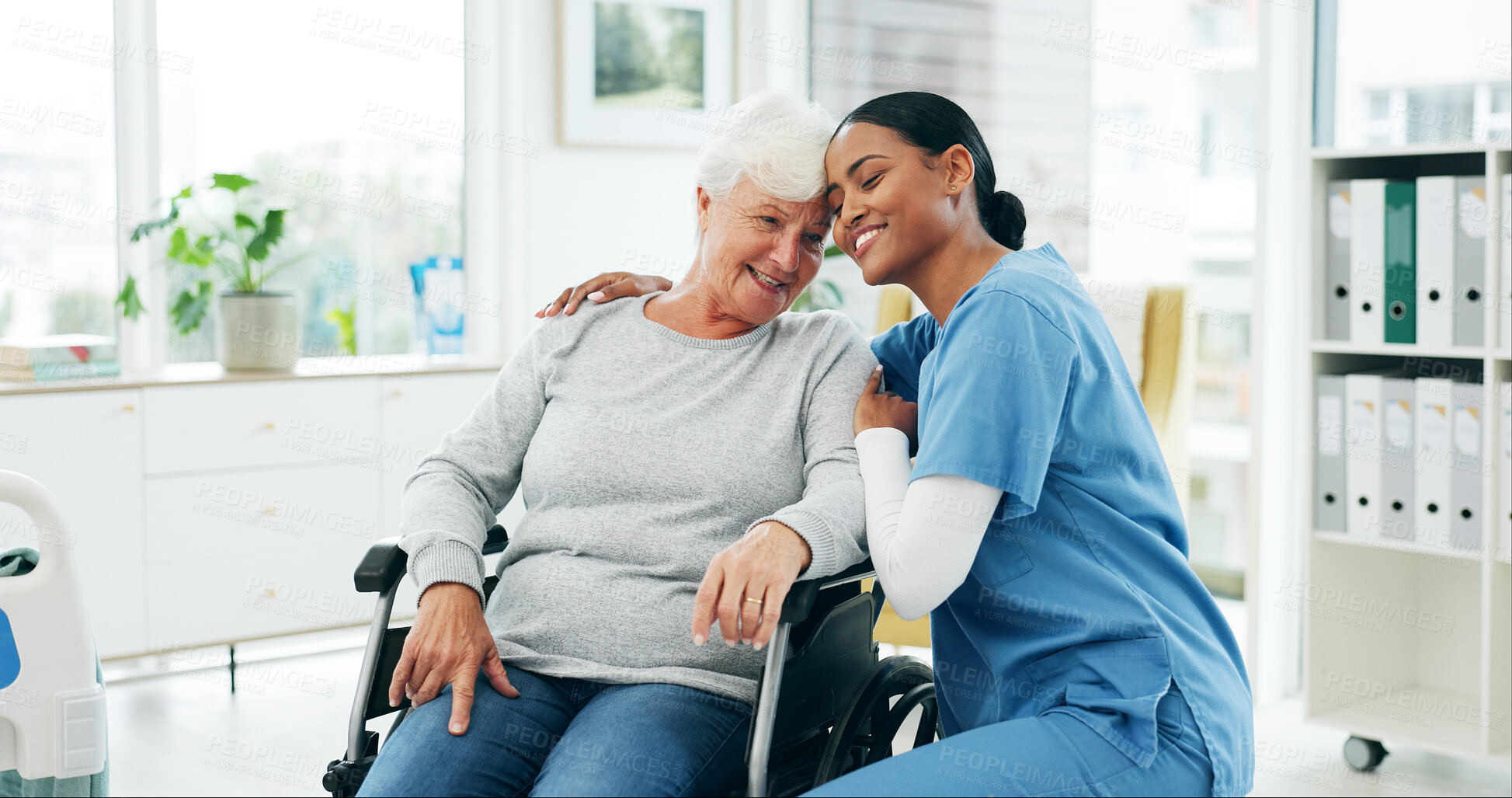 Buy stock photo Hug, nurse and old person in hospital with wheelchair, empathy and support in healthcare checkup. Retirement, gp and woman with disability, kindness and patient embrace in medical consultation.