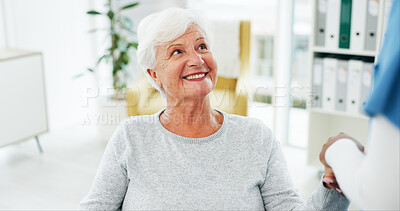 Buy stock photo Holding hands, doctor and old woman in hospital, smile for recovery and consultation. Pensioner, medical service and senior patient in clinic, kindness and happiness for treatment and rehabilitation