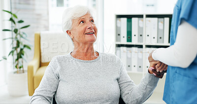 Buy stock photo Holding hands, doctor and old woman in hospital, conversation for recovery and consultation. People, medical service or senior patient in clinic, discussion or happiness for treatment or improvement