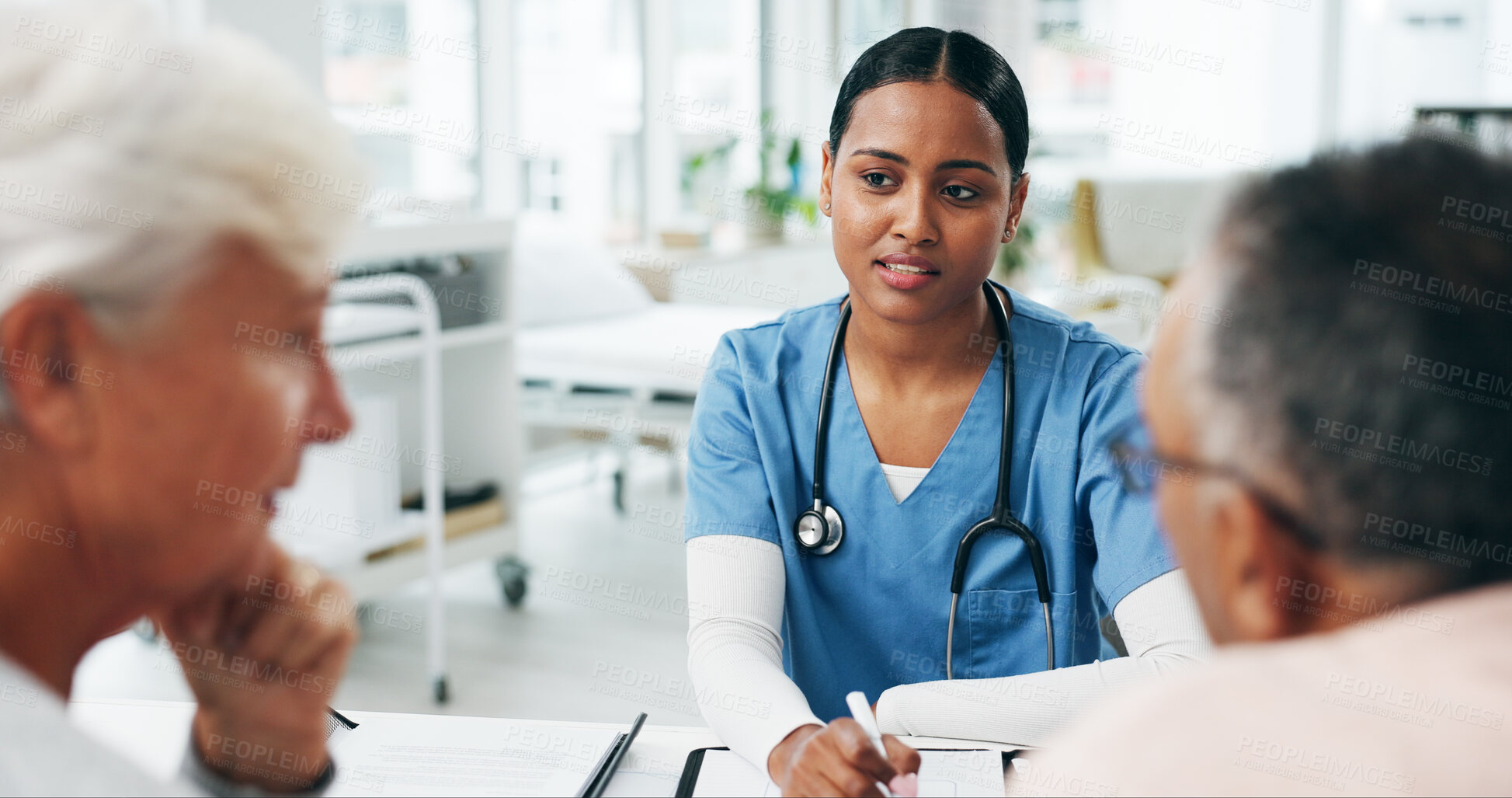 Buy stock photo Doctor, old couple and talking in clinic, consultation for diagnosis and feedback for treatment. Medical service, senior man and woman in office, communication or healthcare info for recovery