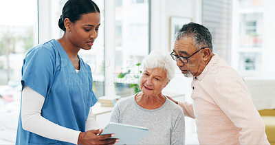 Buy stock photo Talking, doctor or old couple in clinic, tablet for diagnosis or feedback for recovery. Medical service, senior man or woman in hospital, physician or tech for healthcare info, internet or discussion