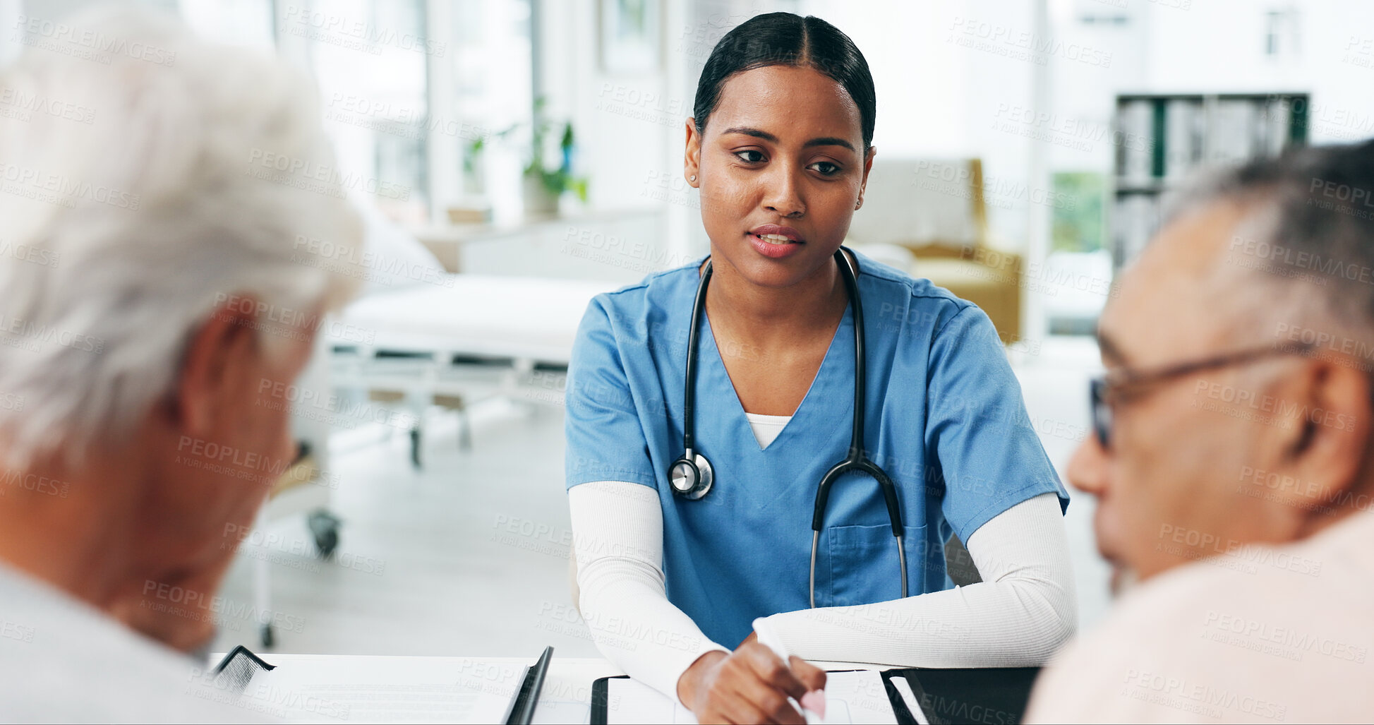 Buy stock photo Discussion, doctor and old couple in office, consultation for diagnosis and healthcare info for symptoms. Medical service, mature man or woman in clinic, surgeon or conversation for advice or support