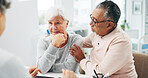 Comfort, consultation and doctor with senior couple in hospital for medical diagnosis together. Support, bad news and healthcare worker with elderly people for cancer results in clinic office.