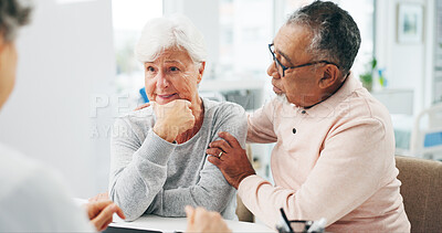 Buy stock photo Comfort, consultation and doctor with senior couple in hospital for medical diagnosis together. Support, bad news and healthcare worker with elderly people for cancer results in clinic office.