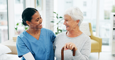 Buy stock photo Comfort, hug and nurse with senior woman in hospital for conversation, empathy or support at checkup. Smile, trust and medical caregiver with elderly female patient embracing at consultation.