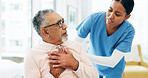 Consultation, nurse and senior man with chest pain or cardiovascular emergency in hospital. Diagnosis, lung infection and medical worker with elderly male patient in clinic for angina or discomfort.