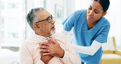 Buy stock photo Consultation, nurse and senior man with chest pain or cardiovascular emergency in hospital. Diagnosis, lung infection and medical worker with elderly male patient in clinic for angina or discomfort.