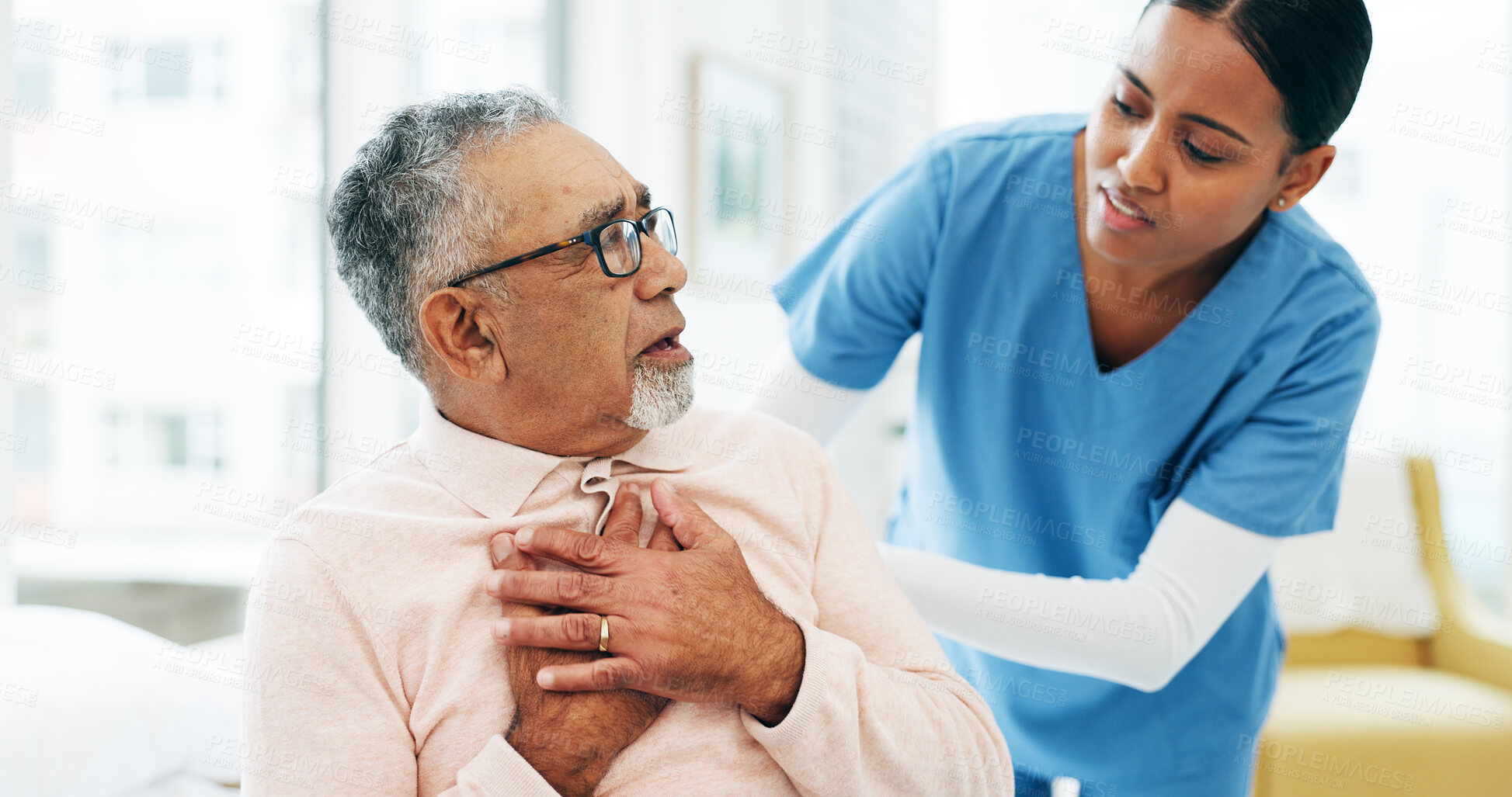 Buy stock photo Consultation, nurse and senior man with chest pain or cardiovascular emergency in hospital. Diagnosis, lung infection and medical worker with elderly male patient in clinic for angina or discomfort.