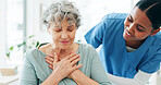Checkup, nurse and senior woman with chest pain or cardiovascular emergency in hospital. Diagnosis, lung infection and medical worker with elderly female patient in clinic for angina or discomfort.