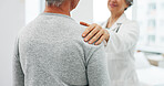 Hands, doctor and comfort with old person for checkup, medical diagnosis and empathy. Healthcare worker, elderly patient and consoling with bad news, understanding and reassurance of cancer treatment