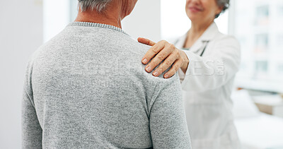 Buy stock photo Hands, doctor and comfort with old person for checkup, medical diagnosis and empathy. Healthcare worker, elderly patient and consoling with bad news, understanding and reassurance of cancer treatment