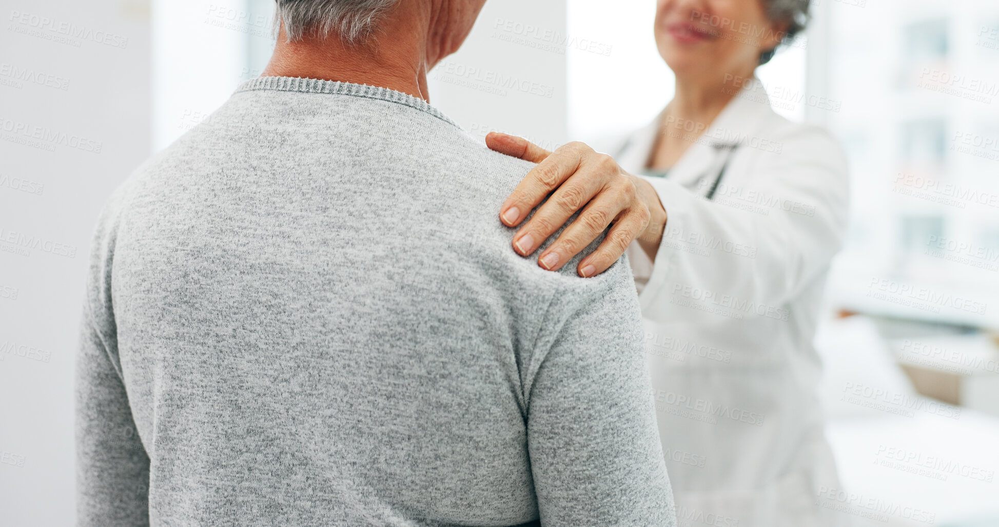 Buy stock photo Hands, doctor and comfort with old person for checkup, medical diagnosis and empathy. Healthcare worker, elderly patient and consoling with bad news, understanding and reassurance of cancer treatment