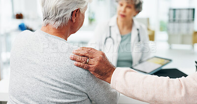 Buy stock photo Hand, support and senior couple with doctor for consultation, medical checkup or visit in clinic. Elderly woman, man and comfort with healthcare worker or tablet for health diagnosis, news or cancer