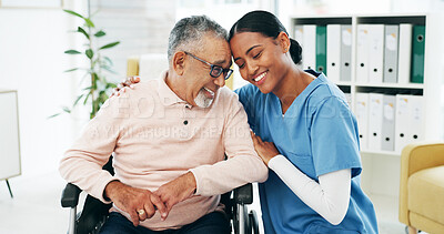 Buy stock photo Hug, nurse and old man in hospital with wheelchair, empathy and support in healthcare checkup. Retirement, gp and person with disability, sympathy and patient connection in medical consultation.