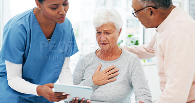 Buy stock photo Tablet, doctor or old couple in clinic, consultation for diagnosis or feedback for symptoms. Medical service, mature man or woman in hospital, shock or healthcare info for recovery, anxiety or tech