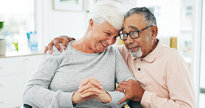 Buy stock photo Happy, hug and senior couple in hospital office with good news on treatment plan at checkup. Smile, healthcare consultation and elderly man with woman for positive results together in clinic.