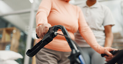 Buy stock photo Hands, walker and frame for physiotherapy with balance for steps, recovery or support in retirement. Senior person with disability, rehabilitation and mobility for healing injury at wellness clinic