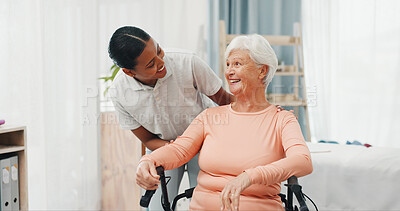 Buy stock photo Old woman, physiotherapist and happy in wheelchair at clinic with good news, discussion and recovery. Elderly person with disability, smile and conversation with rehabilitation at wellness center