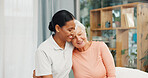 Physiotherapist, senior woman and hug in clinic for rehabilitation, healing progress and support. Healthcare, professional and elderly patient with embrace for recovery, physical therapy or gratitude