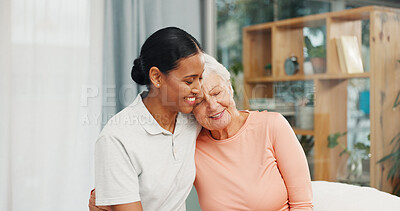 Buy stock photo Physiotherapist, senior woman and hug in clinic for rehabilitation, healing progress and support. Healthcare, professional and elderly patient with embrace for recovery, physical therapy or gratitude
