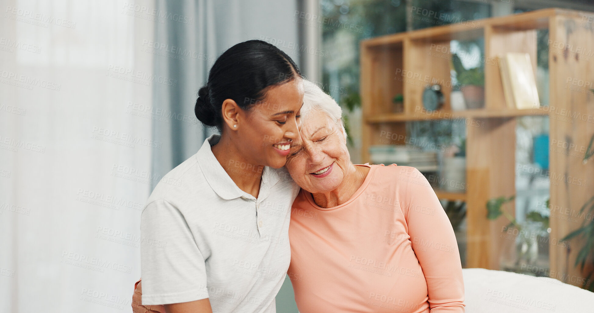 Buy stock photo Physiotherapist, senior woman and hug in clinic for rehabilitation, healing progress and support. Healthcare, professional and elderly patient with embrace for recovery, physical therapy or gratitude
